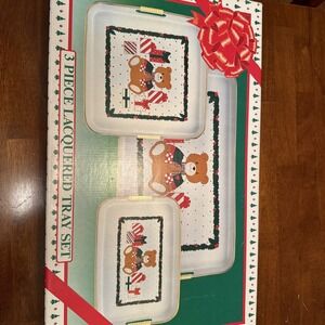 Vintage 3 piece Lacquered Trays Christmas Teddy Bear- New